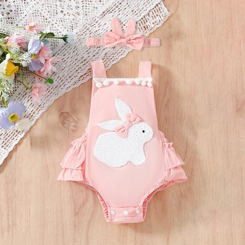 KMK - Pink Easter Rabbit Ear Romper +Headband Set