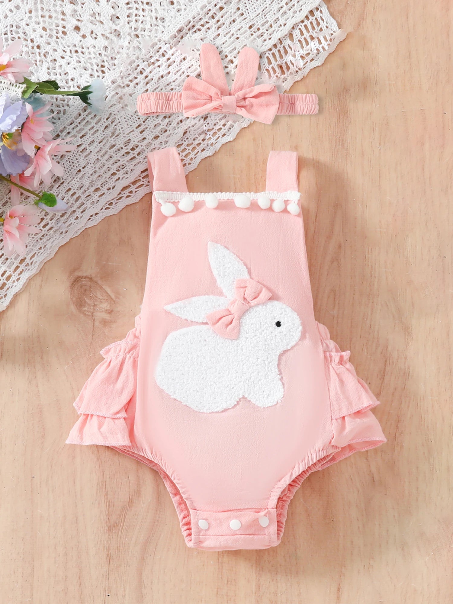 KMK - Pink Easter Rabbit Ear Romper +Headband Set