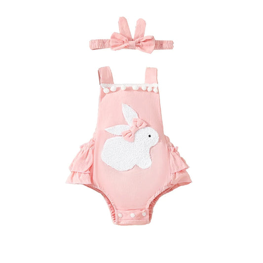 KMK - Pink Easter Rabbit Ear Romper +Headband Set