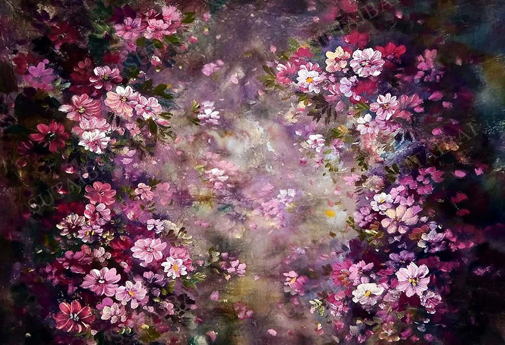 KMK - Pink Flower Painted Garden Backdrop