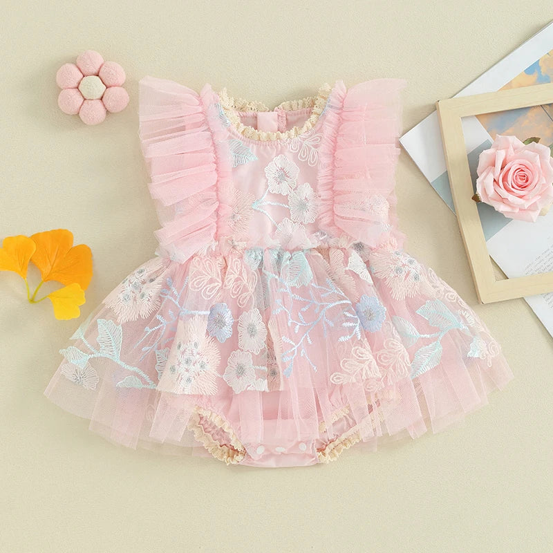 KMK - Pink Fly Sleeve Flower Embroidery Mesh Tulle Patchwork Romper