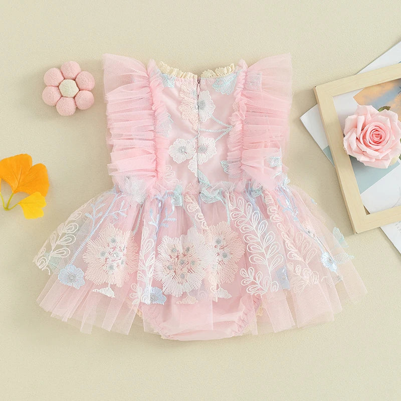 KMK - Pink Fly Sleeve Flower Embroidery Mesh Tulle Patchwork Romper