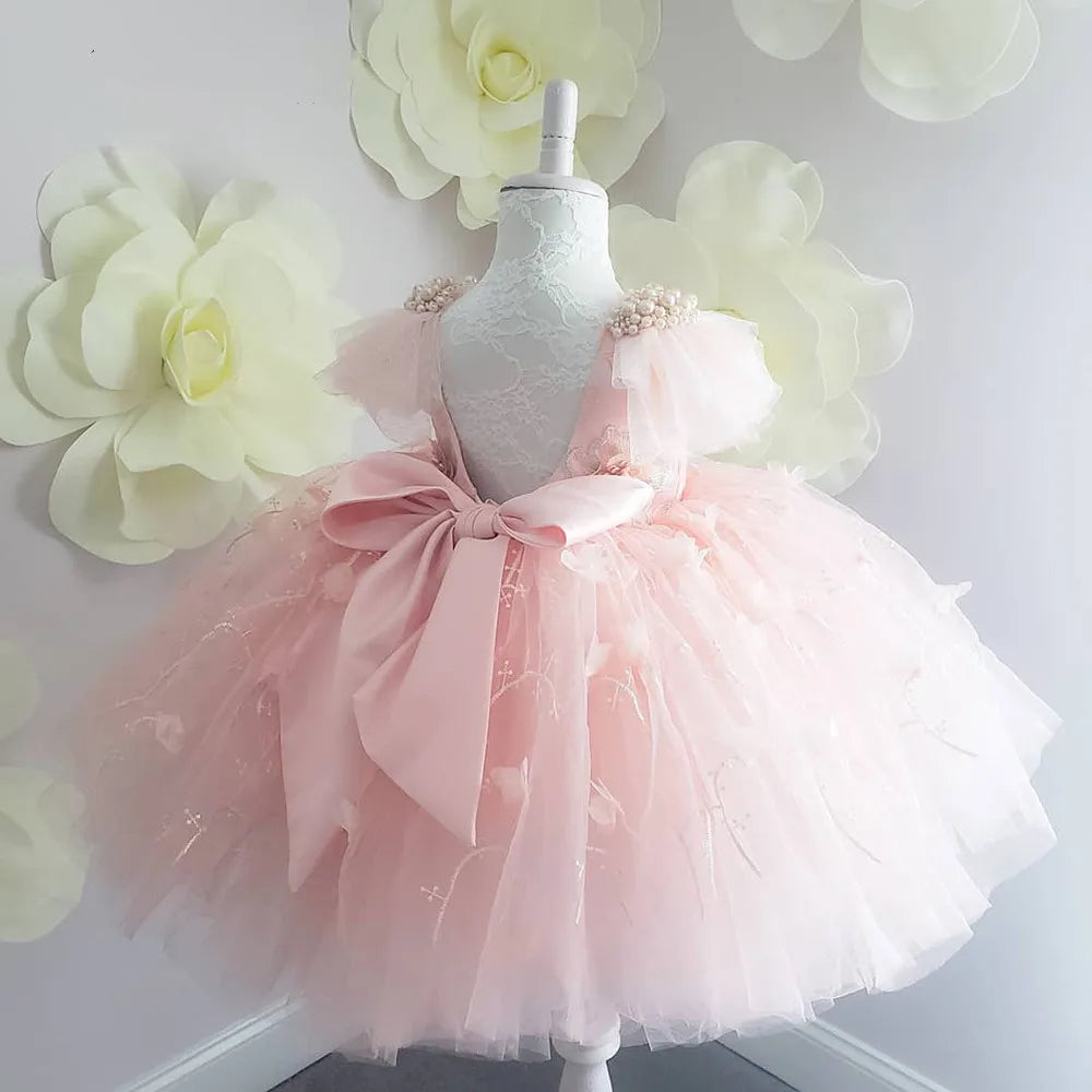 KMK - Pink Lace Bow Tulle Flower Dress