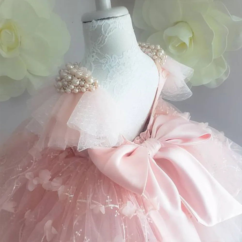 KMK - Pink Lace Bow Tulle Flower Dress