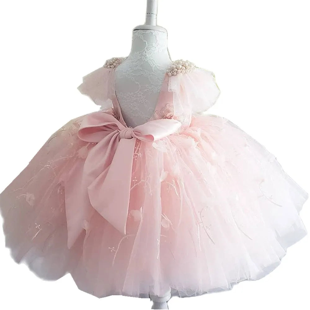 KMK - Pink Lace Bow Tulle Flower Dress