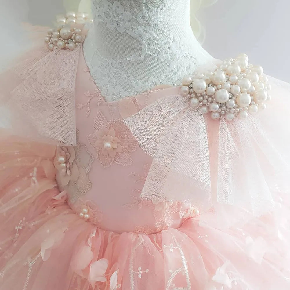 KMK - Pink Lace Bow Tulle Flower Dress