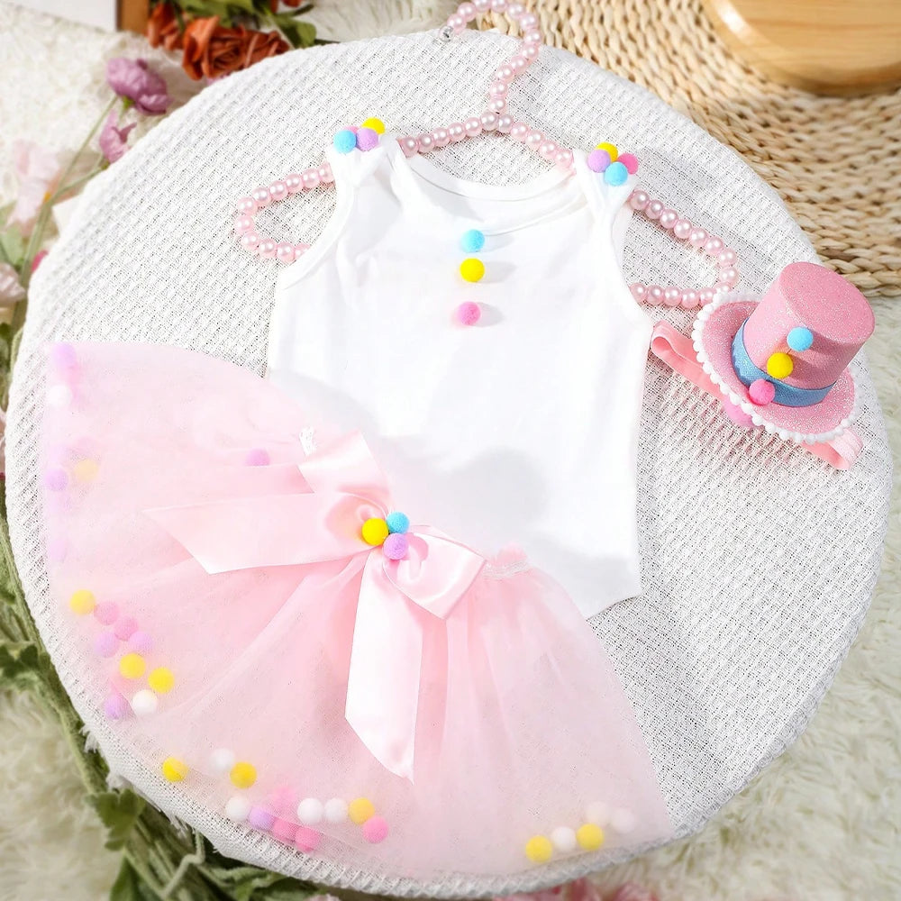 KMK - Pink Mesh Tutu Skirt + Romper + Headband