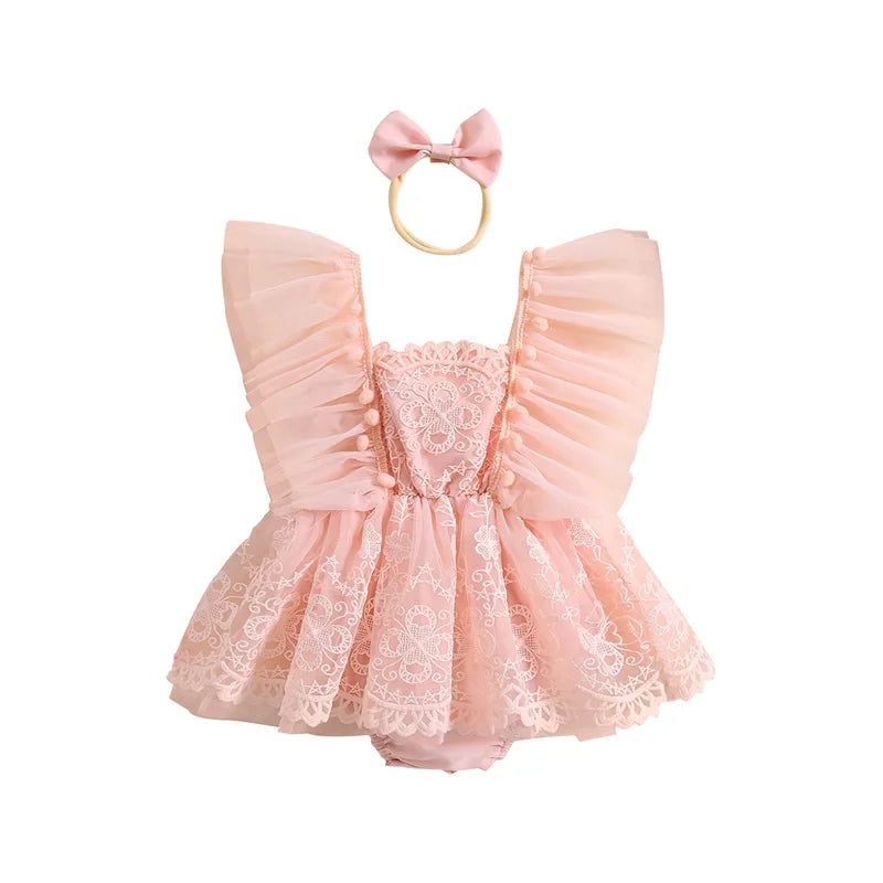 KMK - Pink Ruffle Sleeveless Lace Romper Dress with Headband Set