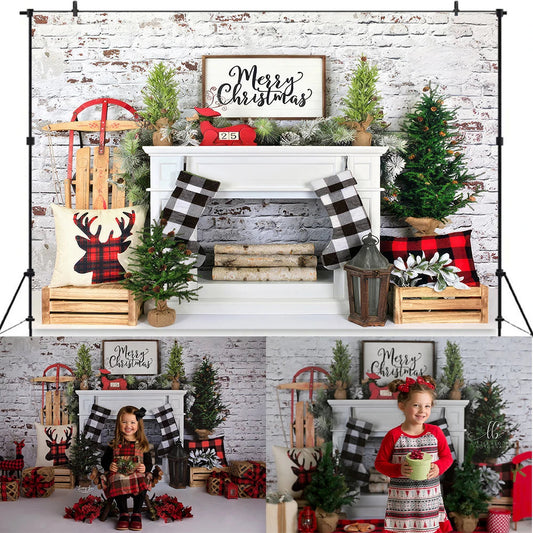 KMK - Plaid Christmas Fireplace Backdrop