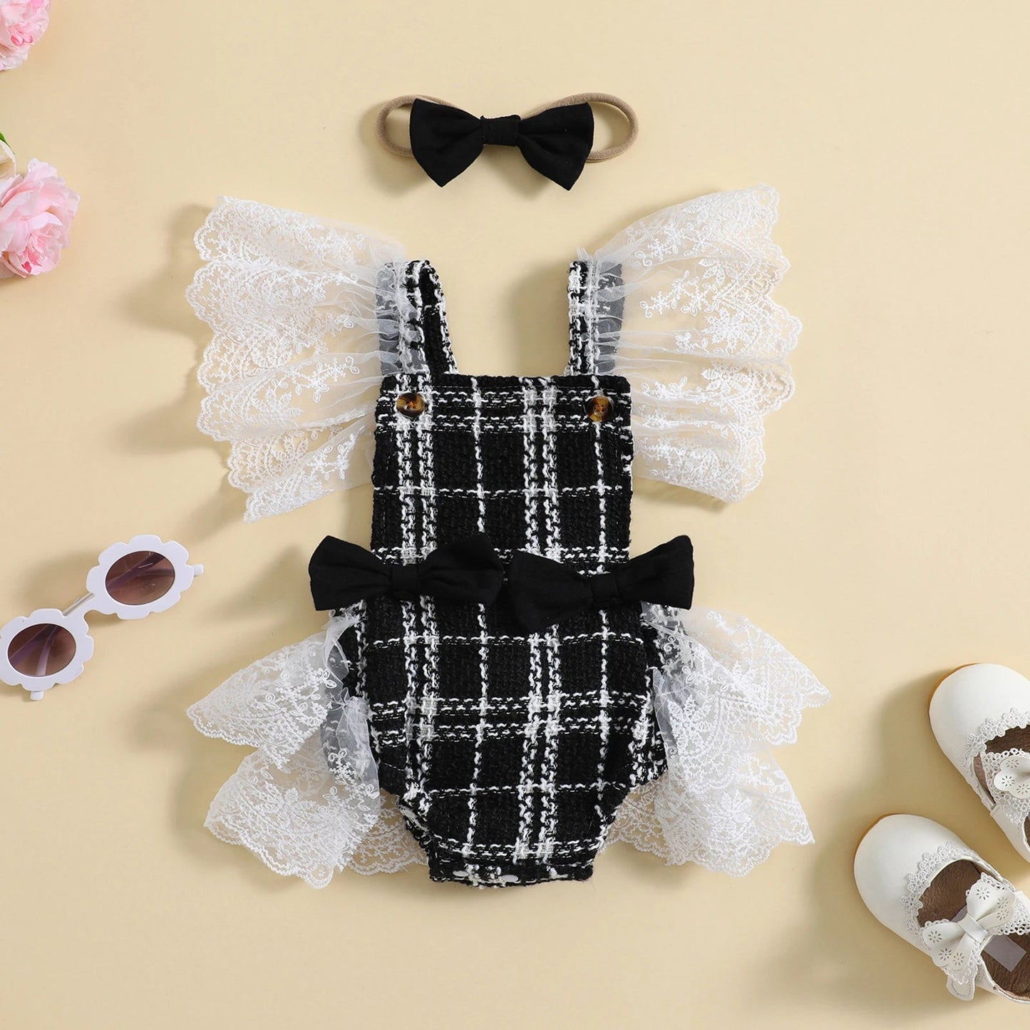 KMK - Plaid Print Bowknot Backless Romper + Headband