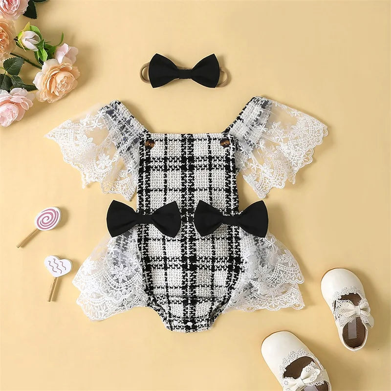 KMK - Plaid Print Bowknot Backless Romper + Headband