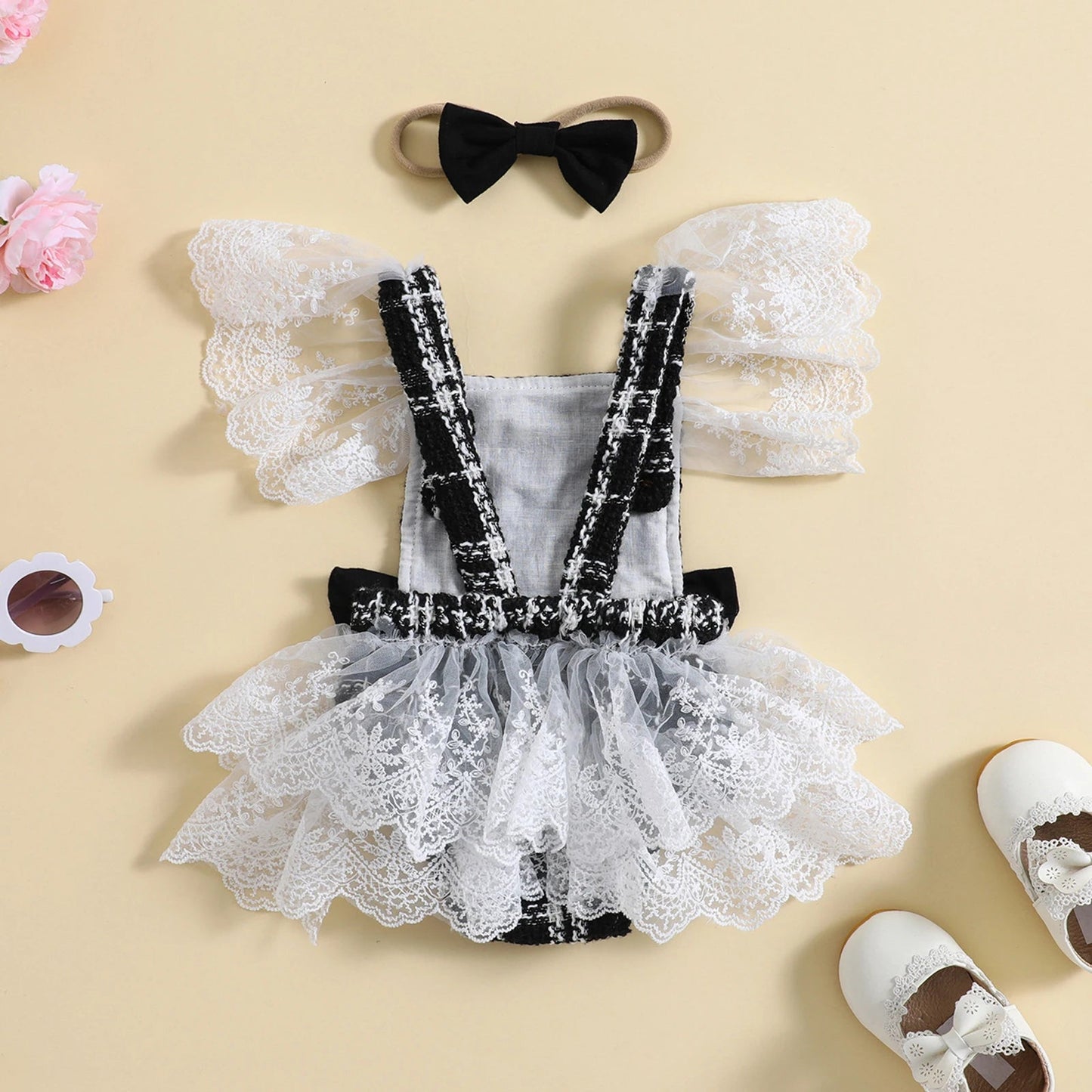 KMK - Plaid Print Bowknot Backless Romper + Headband