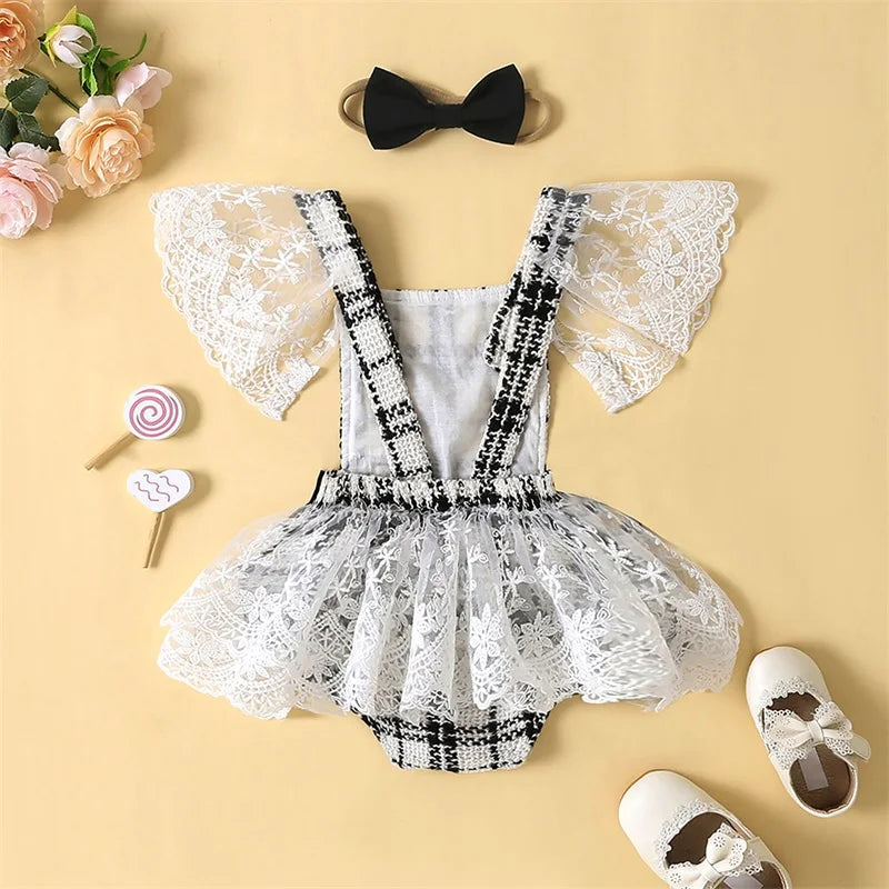 KMK - Plaid Print Bowknot Backless Romper + Headband