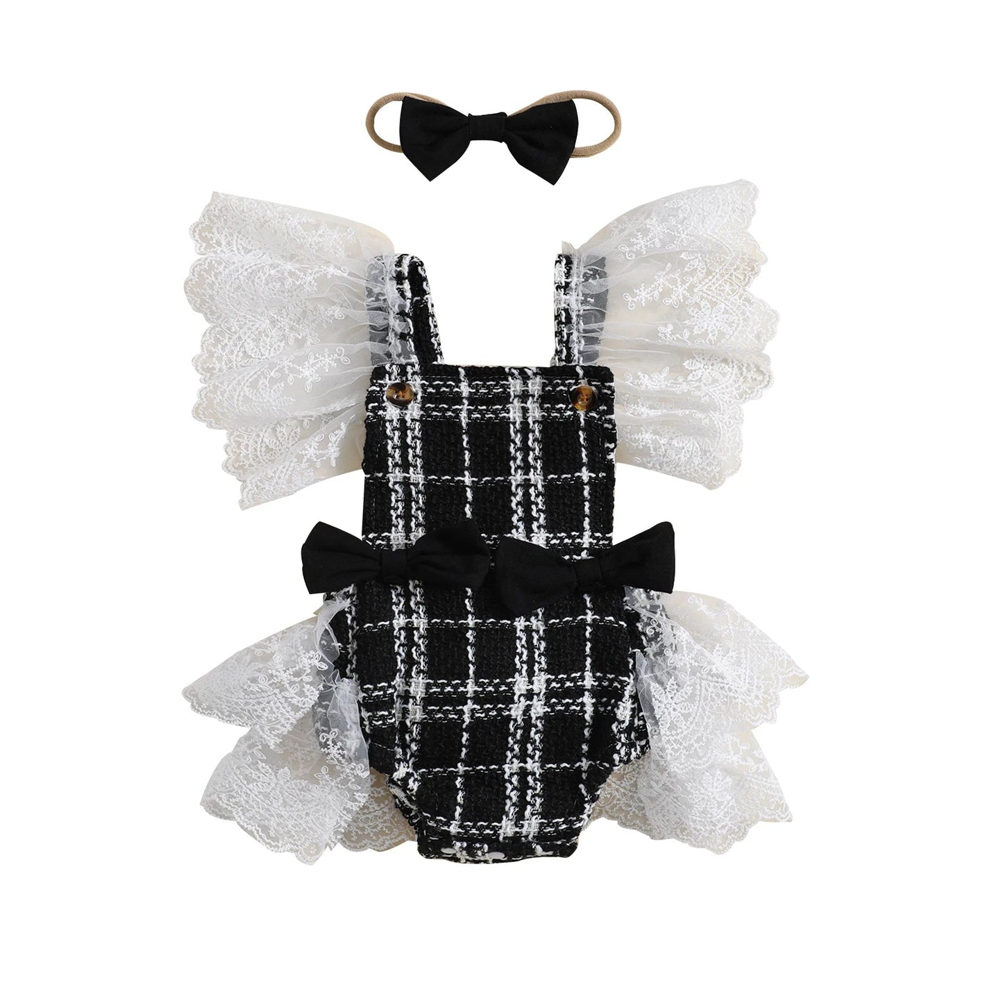 KMK - Plaid Print Bowknot Backless Romper + Headband