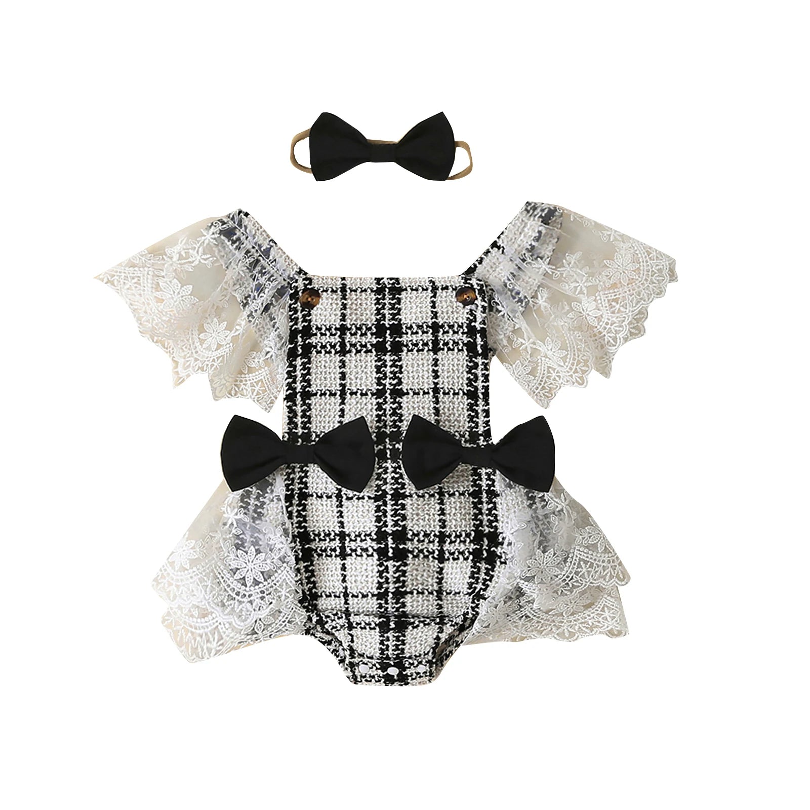 KMK - Plaid Print Bowknot Backless Romper + Headband