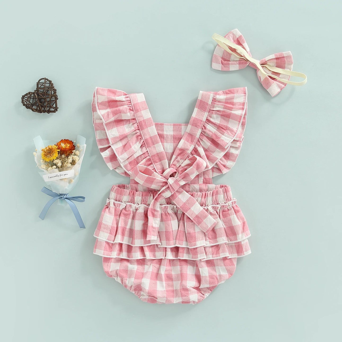 KMK - Plaid Ruffled Romper + Headband