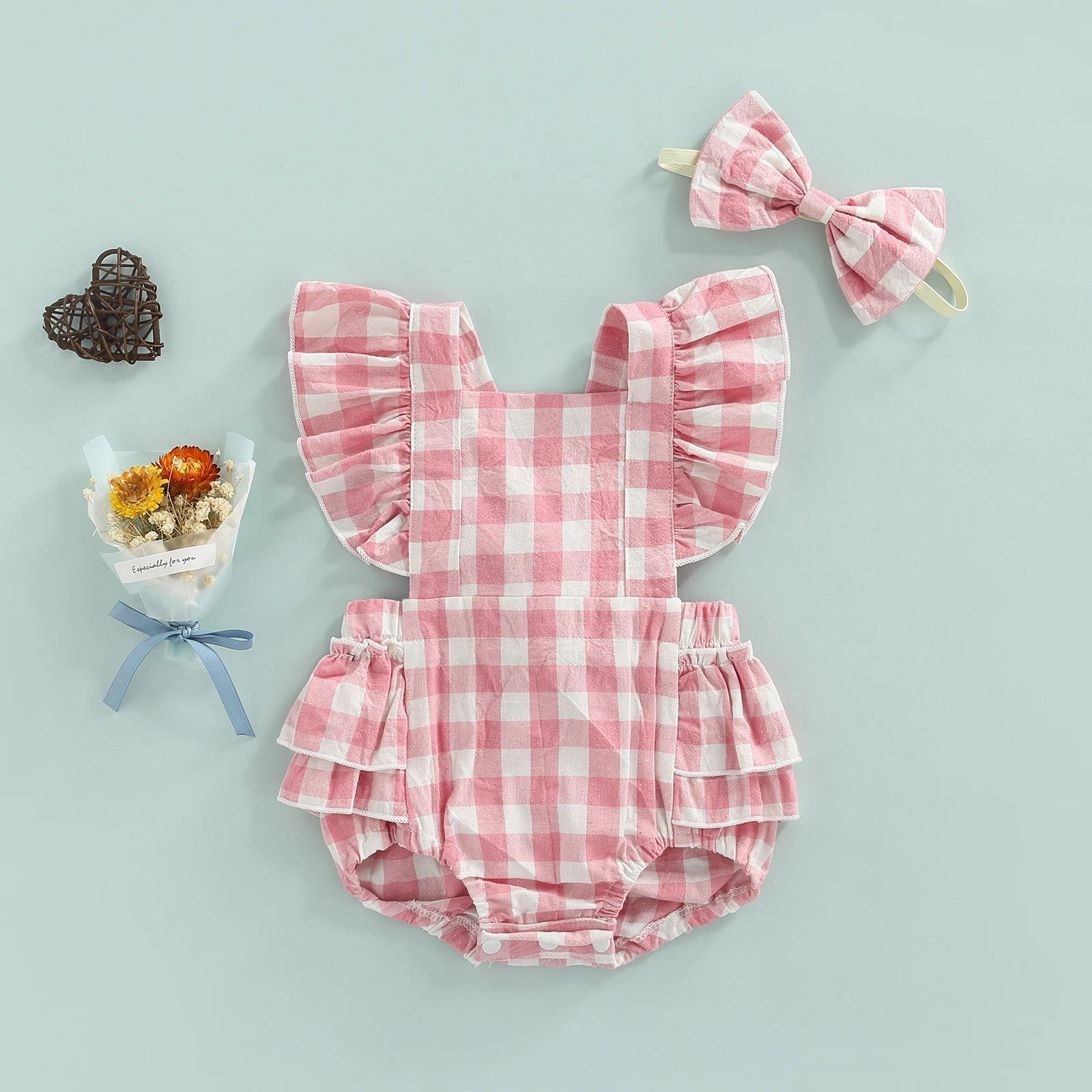 KMK - Plaid Ruffled Romper + Headband