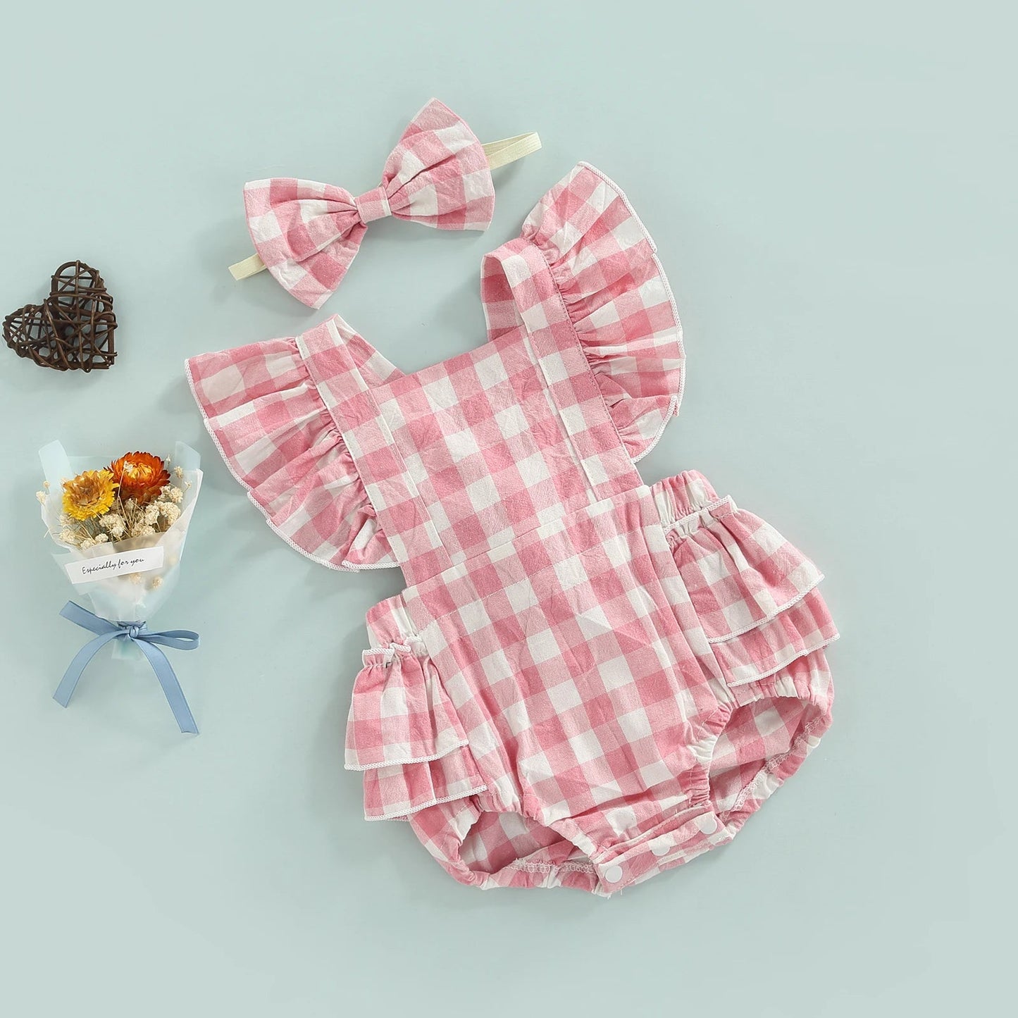 KMK - Plaid Ruffled Romper + Headband