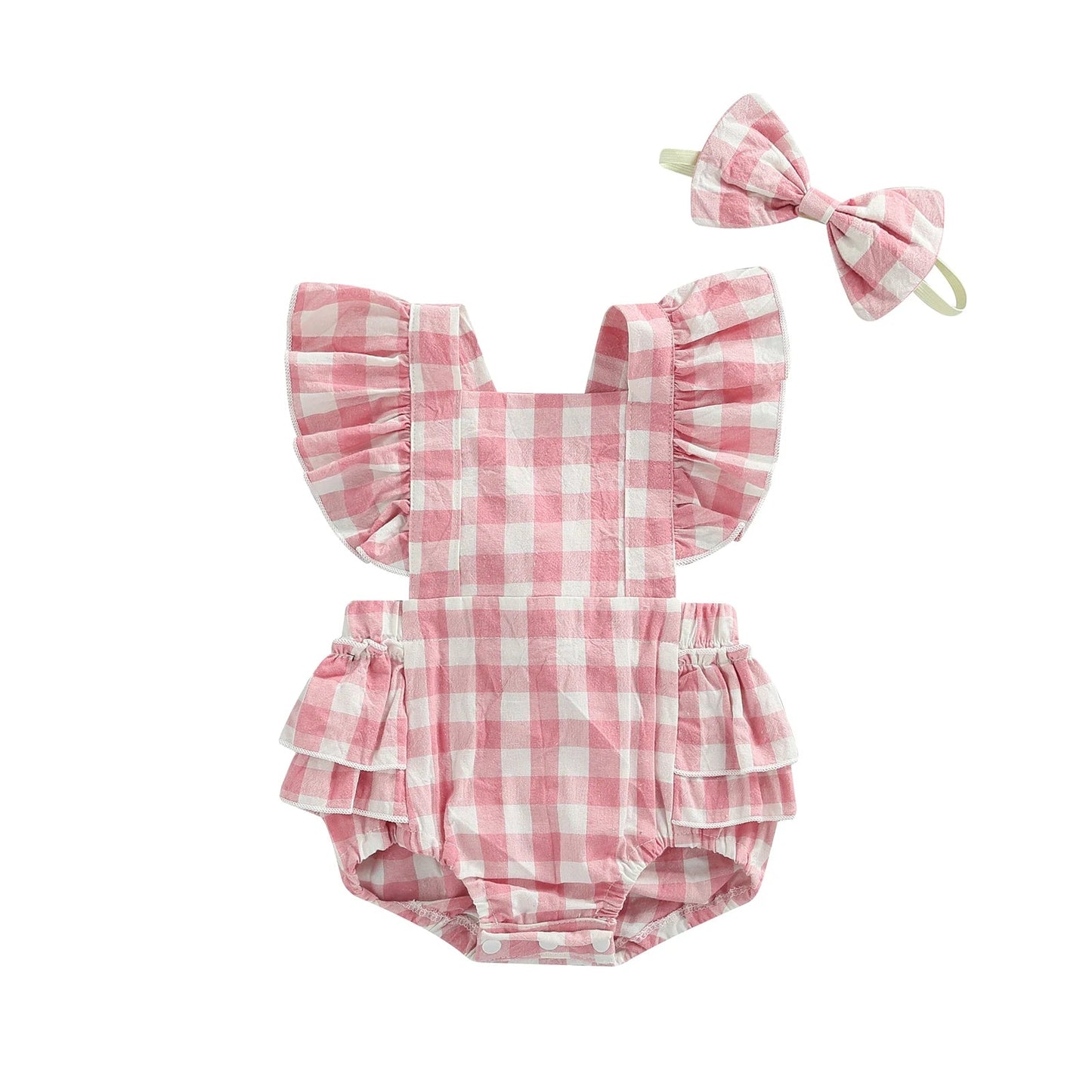 KMK - Plaid Ruffled Romper + Headband