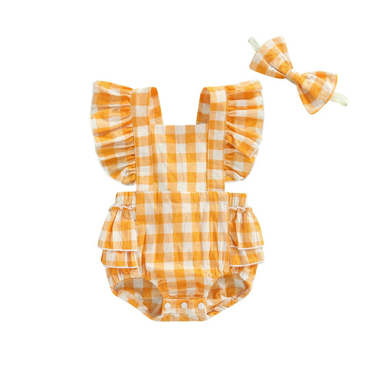 KMK - Plaid Ruffled Romper + Headband