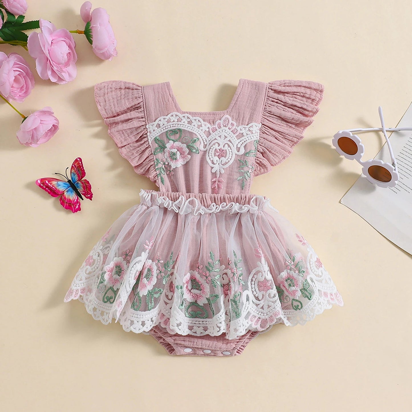 KMK - Princess Lace Floral Embroidery Romper