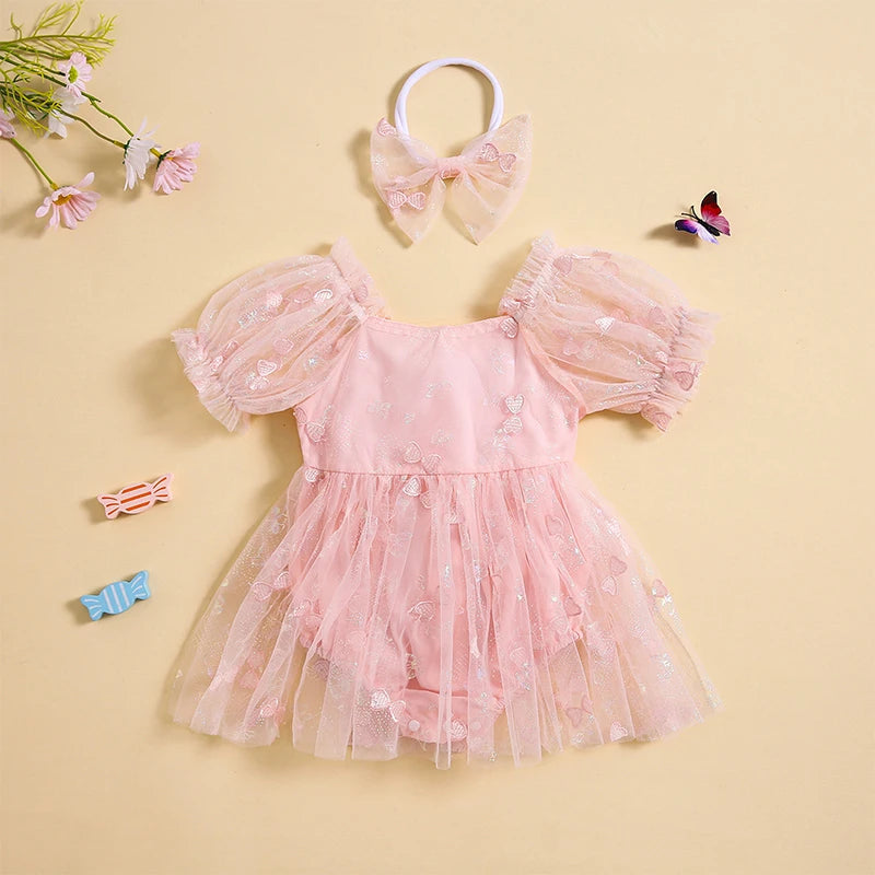 KMK - Puff Sleeve 3D Butterfly Embroidery Tulle Romper Dress + Headband