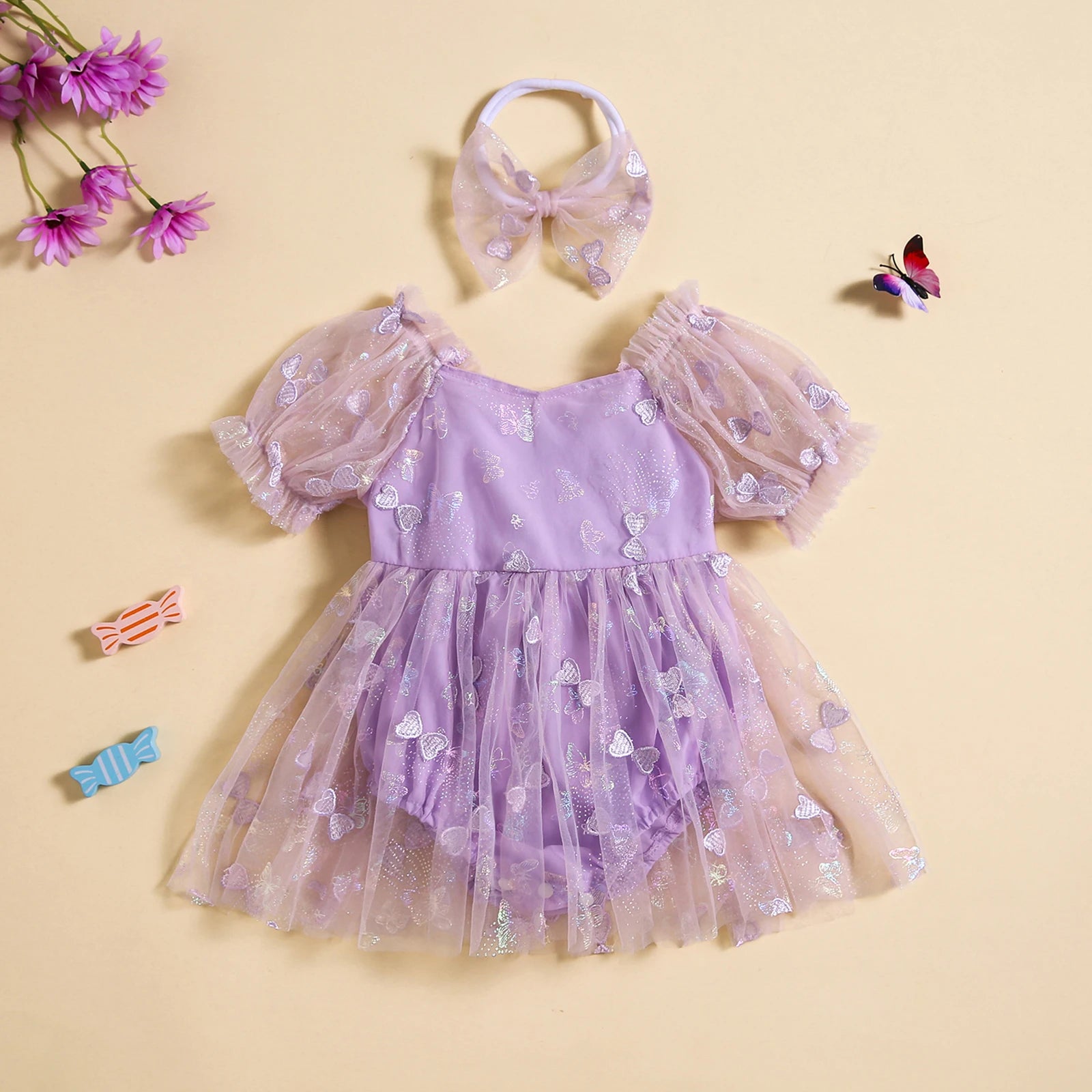 KMK - Puff Sleeve 3D Butterfly Embroidery Tulle Romper Dress + Headband