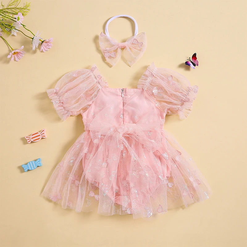 KMK - Puff Sleeve 3D Butterfly Embroidery Tulle Romper Dress + Headband