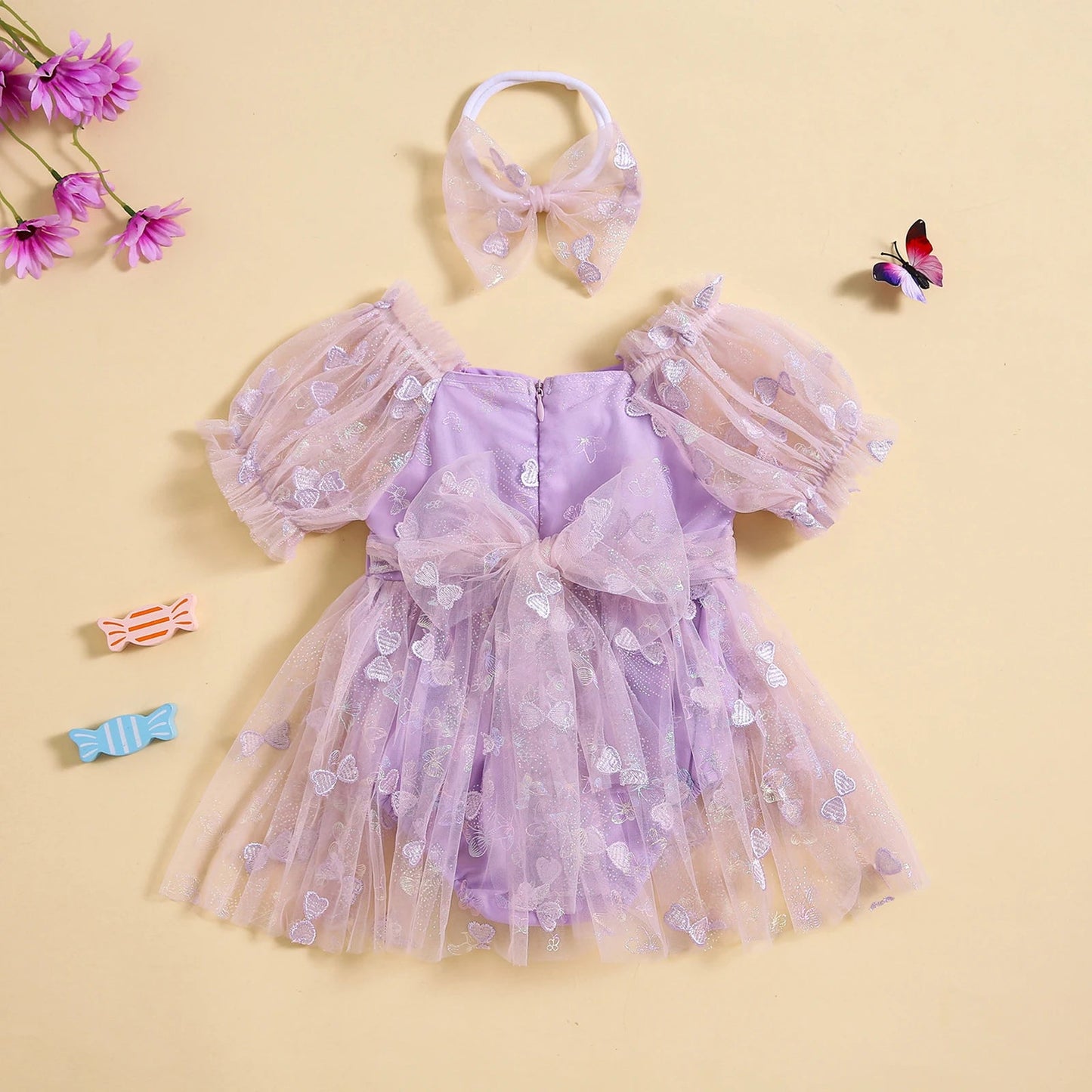 KMK - Puff Sleeve 3D Butterfly Embroidery Tulle Romper Dress + Headband