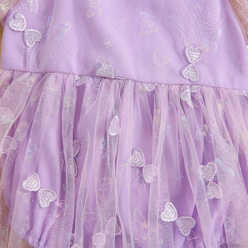 KMK - Puff Sleeve 3D Butterfly Embroidery Tulle Romper Dress + Headband