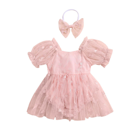 KMK - Puff Sleeve 3D Butterfly Embroidery Tulle Romper Dress + Headband