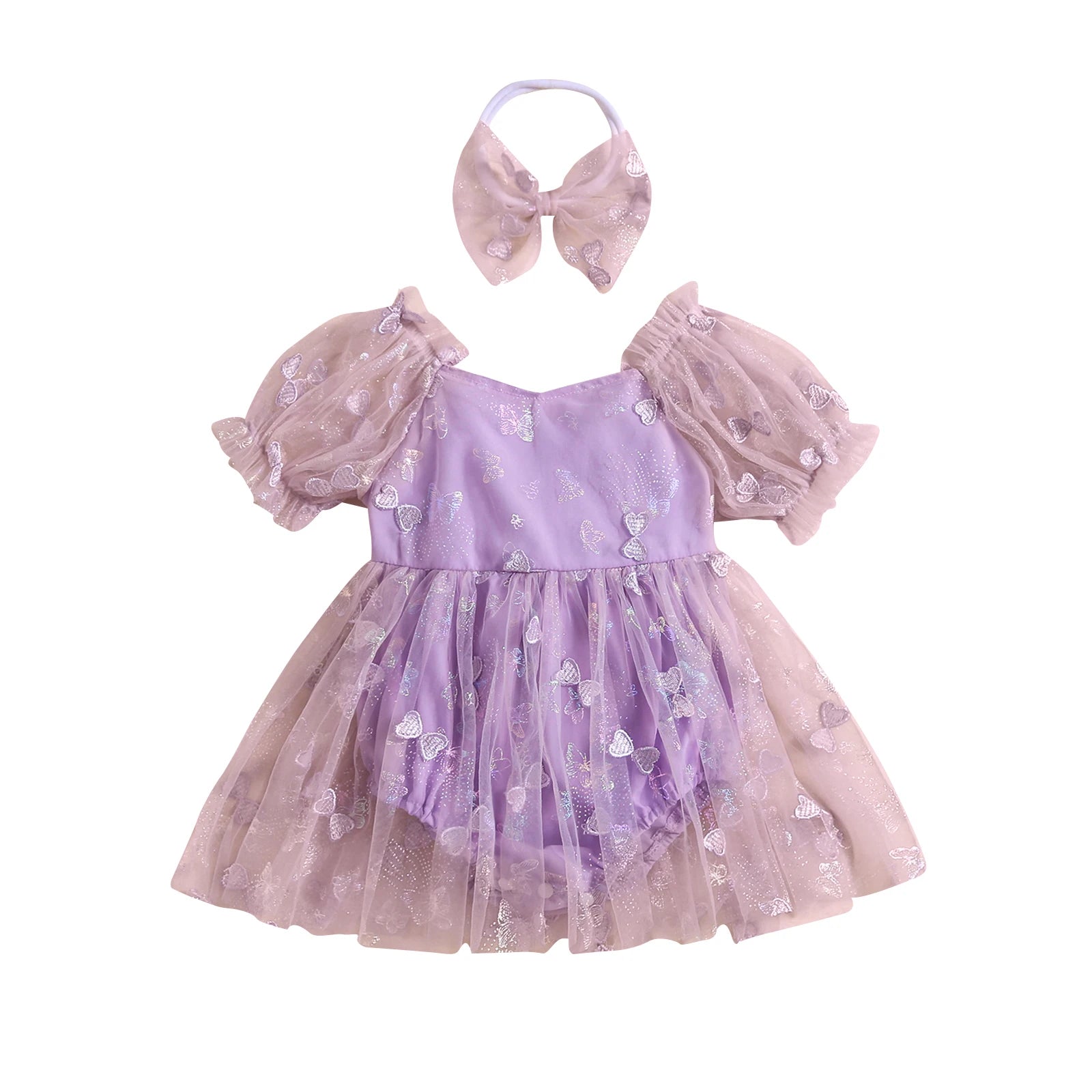 KMK - Puff Sleeve 3D Butterfly Embroidery Tulle Romper Dress + Headband