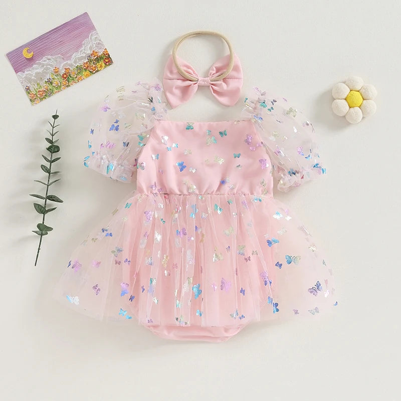 KMK - Puff Sleeve Butterfly Lace Tulle Romper/Dress + Headband