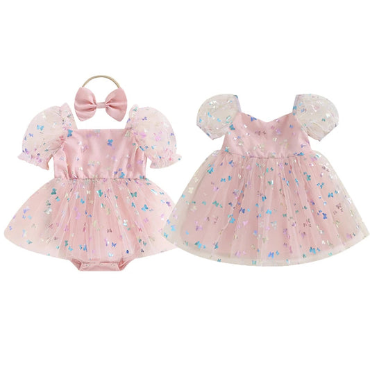 KMK - Puff Sleeve Butterfly Lace Tulle Romper/Dress + Headband