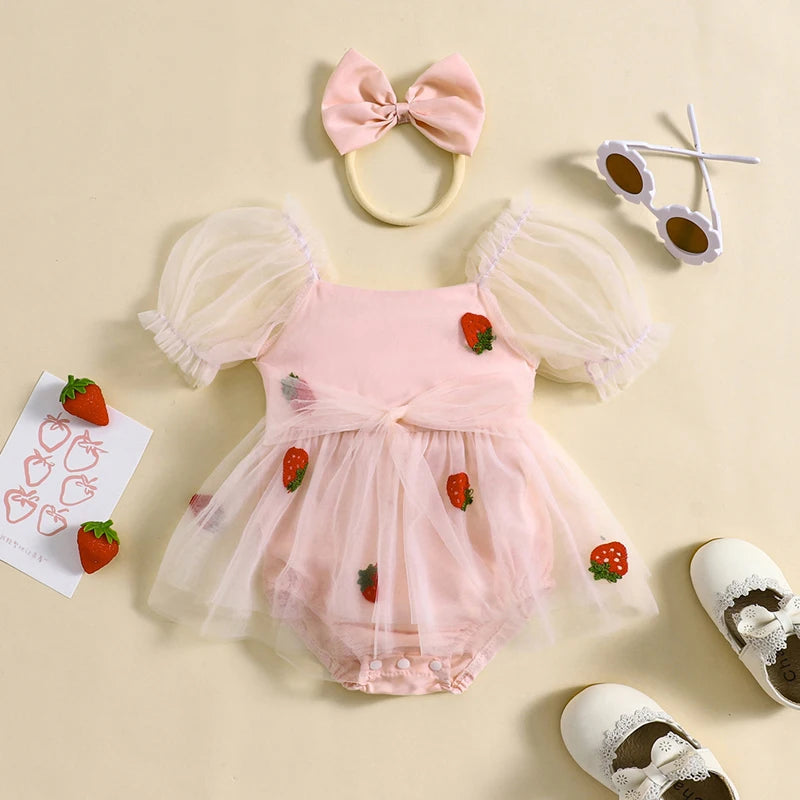 KMK - Puff Sleeve Strawberry Embroidery Lace Tie-up Mesh Romper Dress + Headband