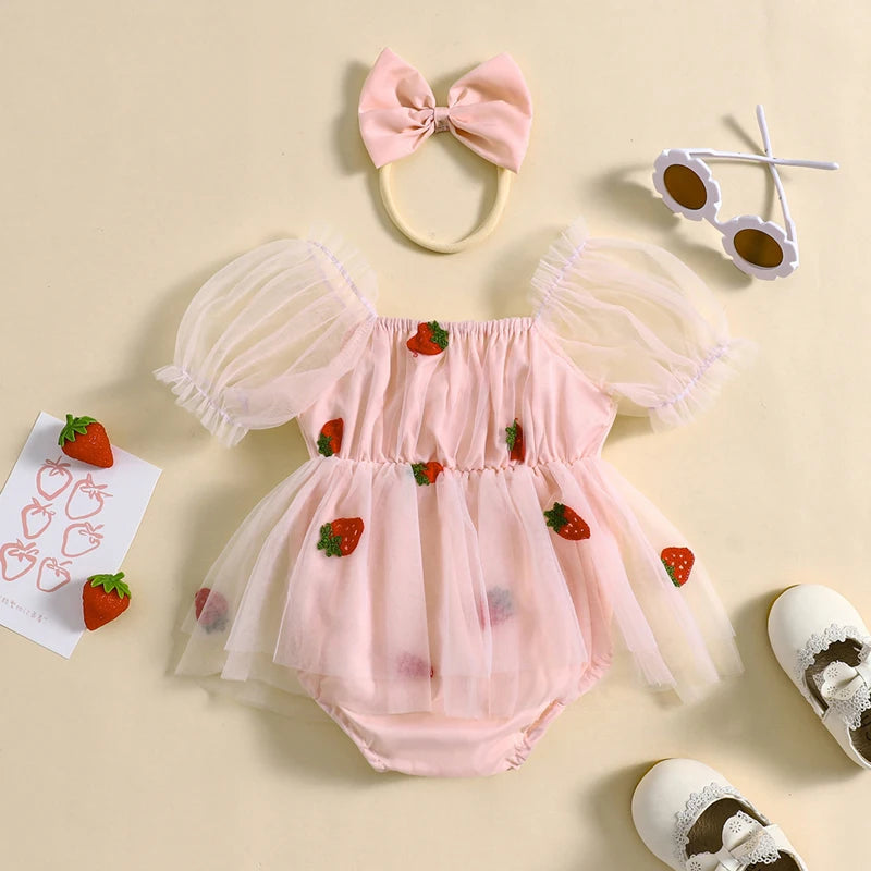 KMK - Puff Sleeve Strawberry Embroidery Lace Tie-up Mesh Romper Dress + Headband