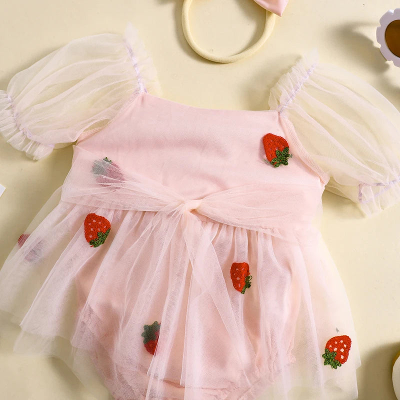 KMK - Puff Sleeve Strawberry Embroidery Lace Tie-up Mesh Romper Dress + Headband