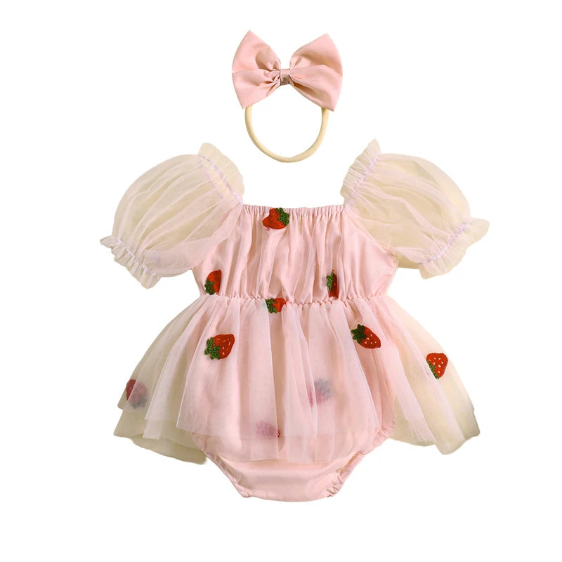 KMK - Puff Sleeve Strawberry Embroidery Lace Tie-up Mesh Romper Dress + Headband