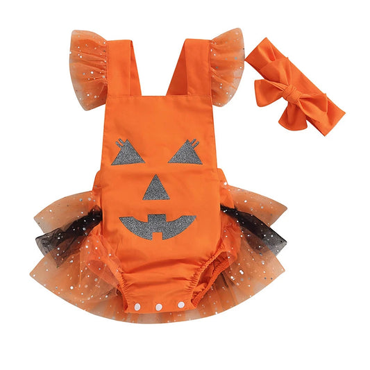 KMK - Pumpkin Mesh Ruffle Romper + Headband