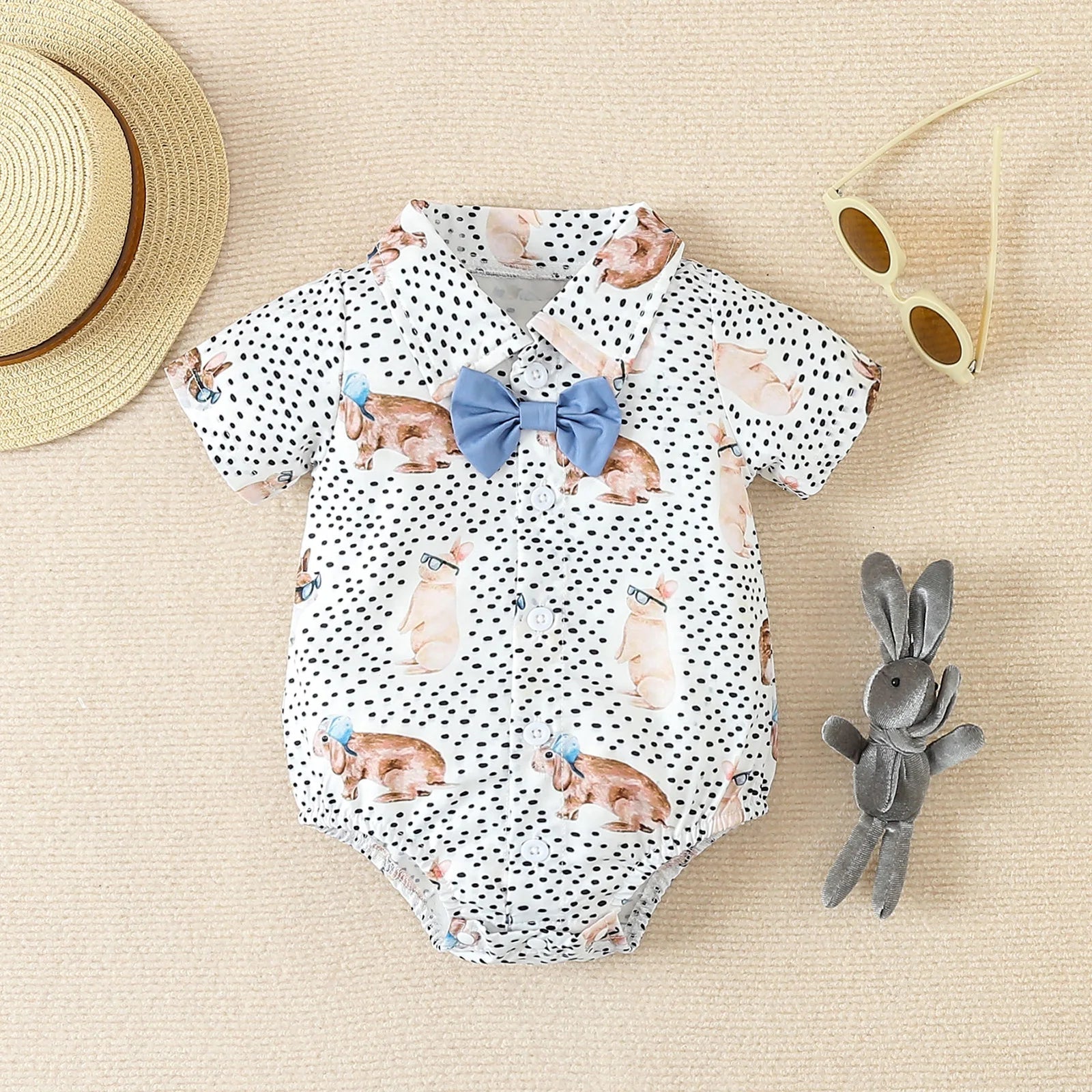 KMK - Rabbit Print Short Sleeve Romper with Shorts