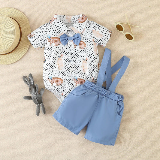 KMK - Rabbit Print Short Sleeve Romper with Shorts