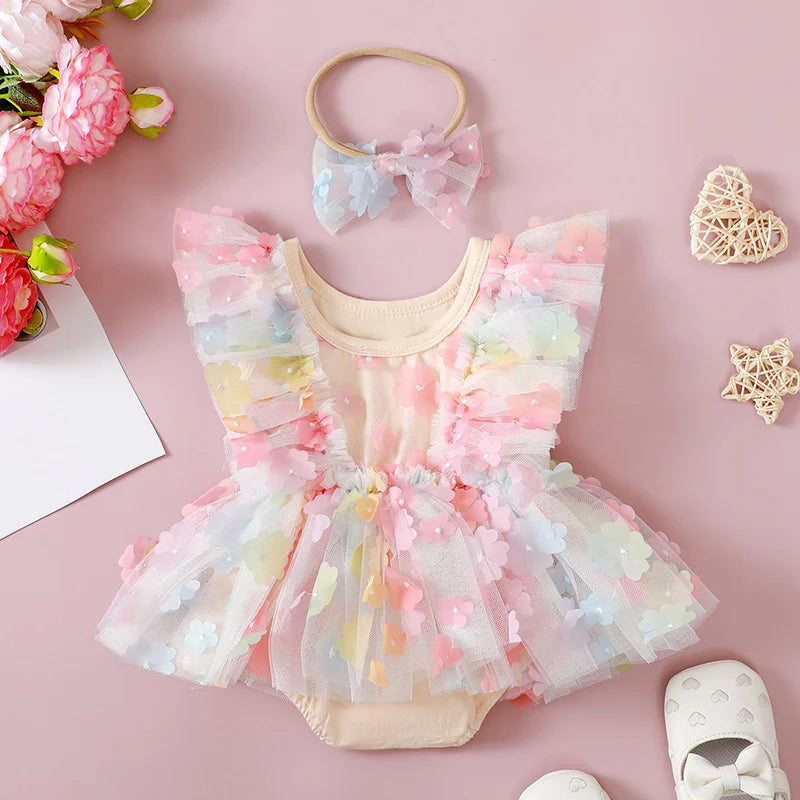 KMK - Rainbow 3D Flower Tulle Romper + Headband