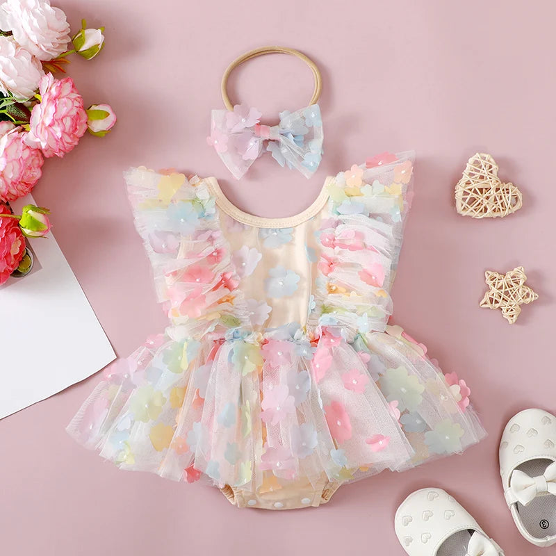 KMK - Rainbow 3D Flower Tulle Romper + Headband