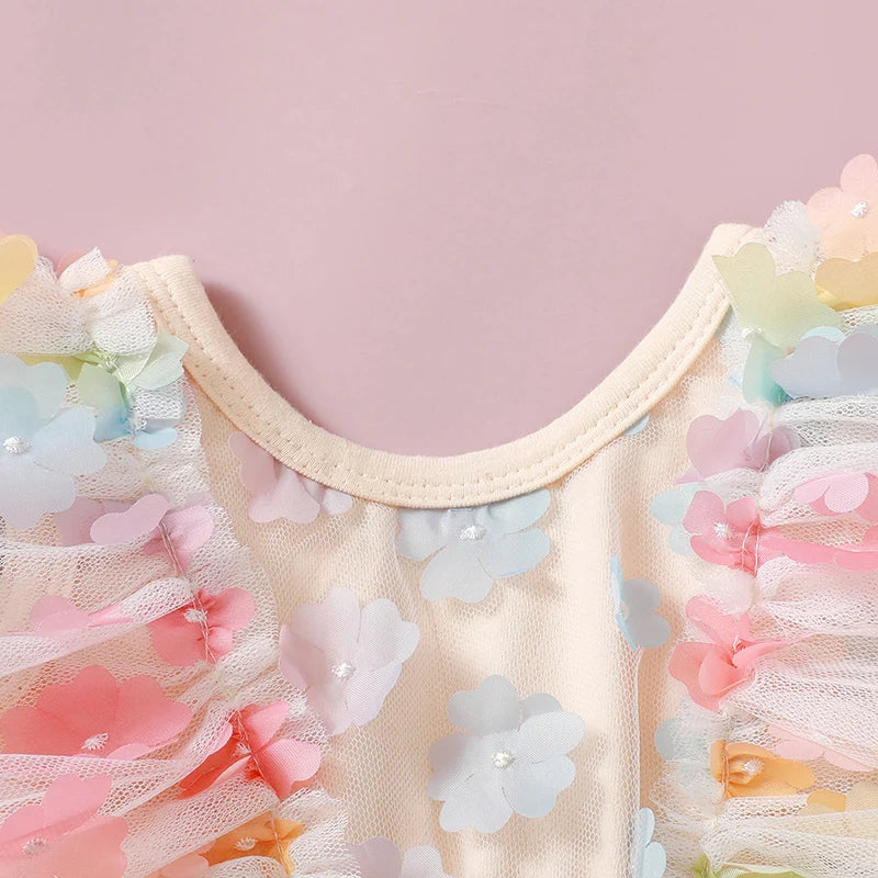 KMK - Rainbow 3D Flower Tulle Romper + Headband