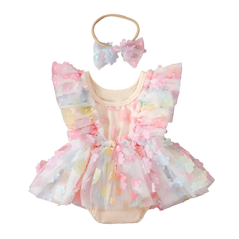 KMK - Rainbow 3D Flower Tulle Romper + Headband