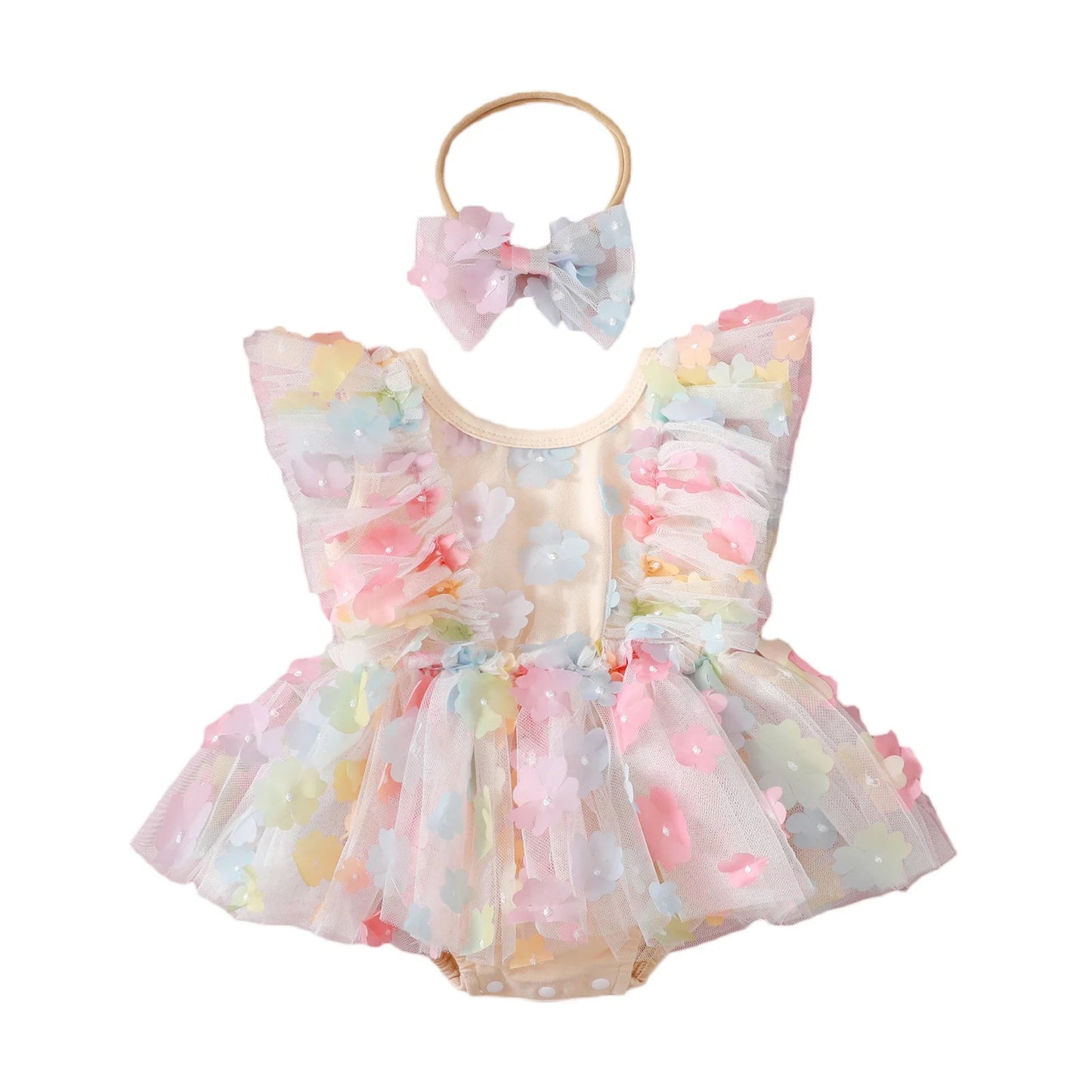 KMK - Rainbow 3D Flower Tulle Romper + Headband