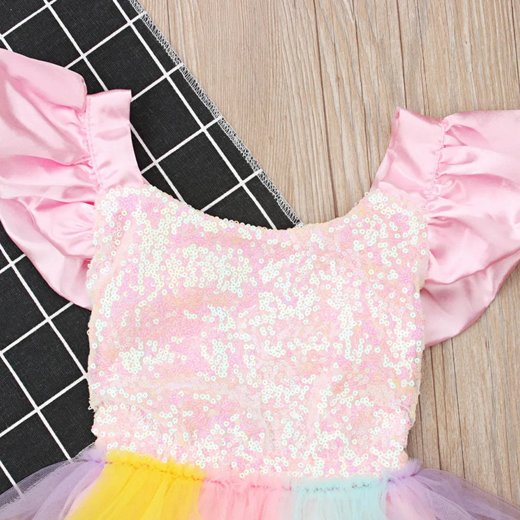 KMK - Rainbow Sequined Lace Princess Romper Dress