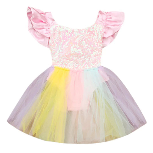 KMK - Rainbow Sequined Lace Princess Romper Dress