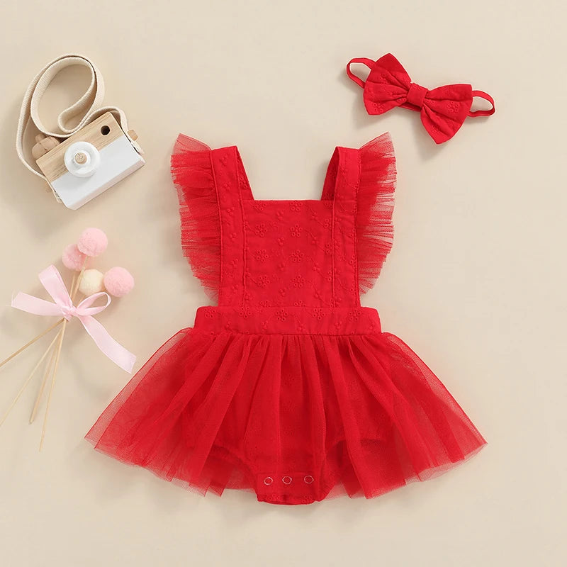 KMK - Red Tulle Romper + Headband Set