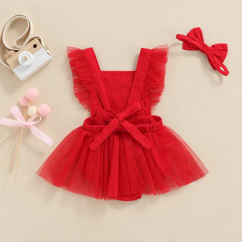 KMK - Red Tulle Romper + Headband Set